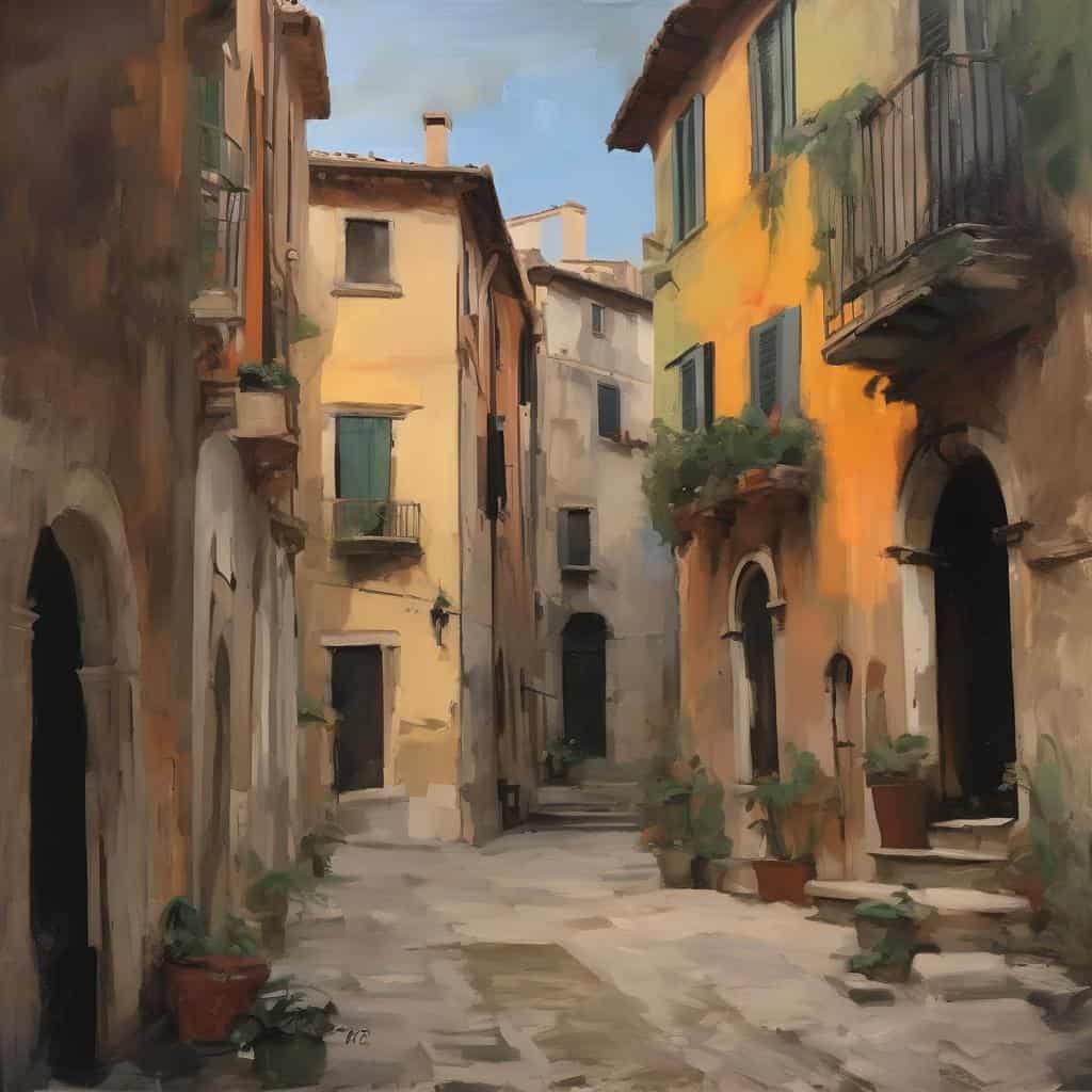 Γωνία γραφικών παλιάς πόλης με πολύχρωμα σπίτια, παραδοσιακά παράθυρα και φυτά σε γλάστρες.