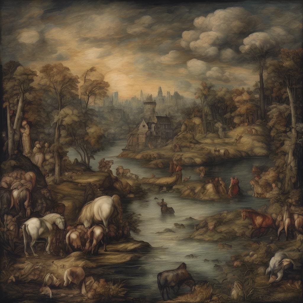 Ουρανό, ποτάμι και άγρια φύση σε ένα ιστορικό τοπίο με καλλιτεχνική ανάλυση και ιστορικά πλαίσια.
