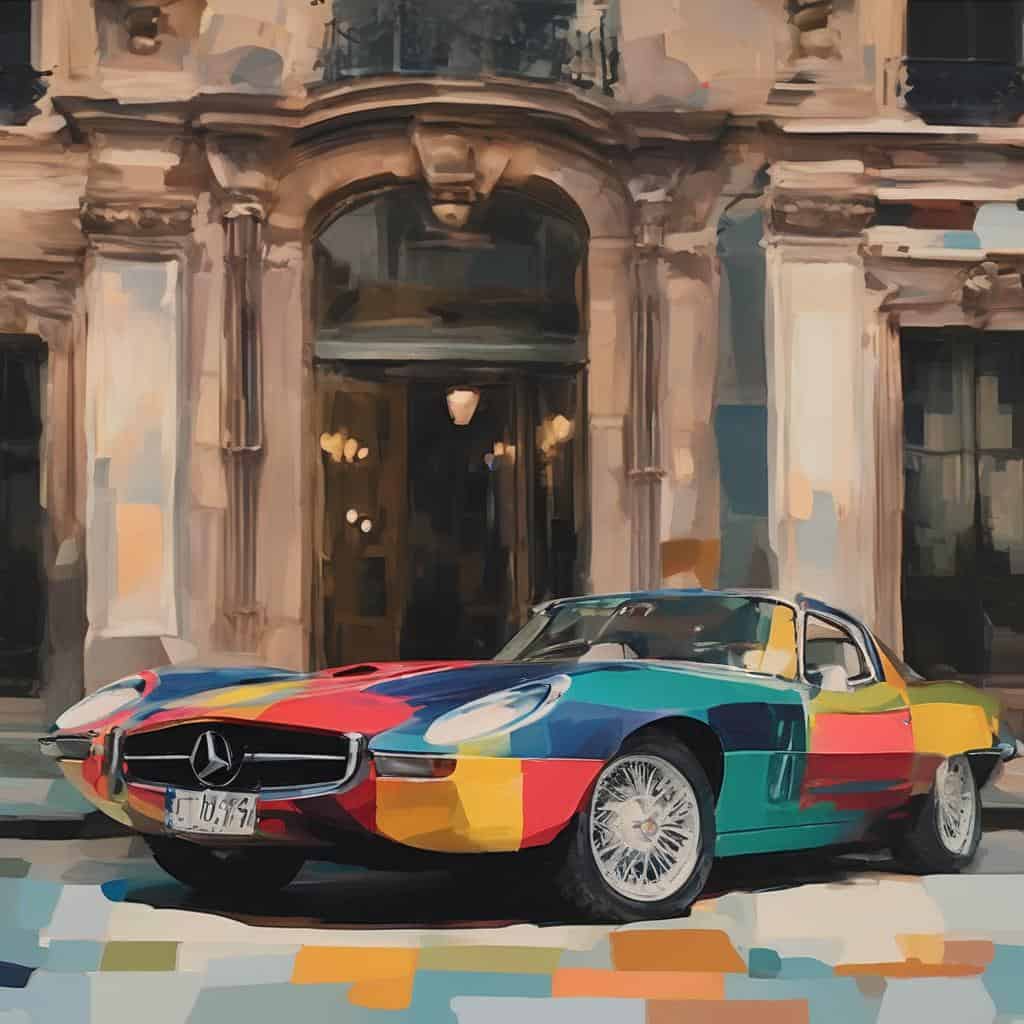 Χρωματιστό κλασικό αυτοκίνητο Mercedes μπροστά σε ιστορική αναπαλαιωμένη πολυκατοικία.